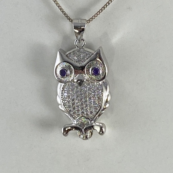 925 Silver Owl Amethyst CZ Pendant 925  Box Chain - Picture 1 of 7